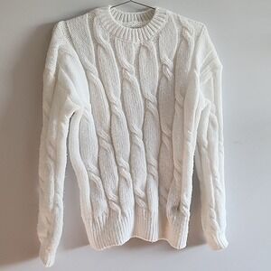 White Cable Knit Sweater Chunky Crew Neck Womens Medium Pullover Preppy Spring